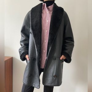 Black leather shearling sheepskin coat
